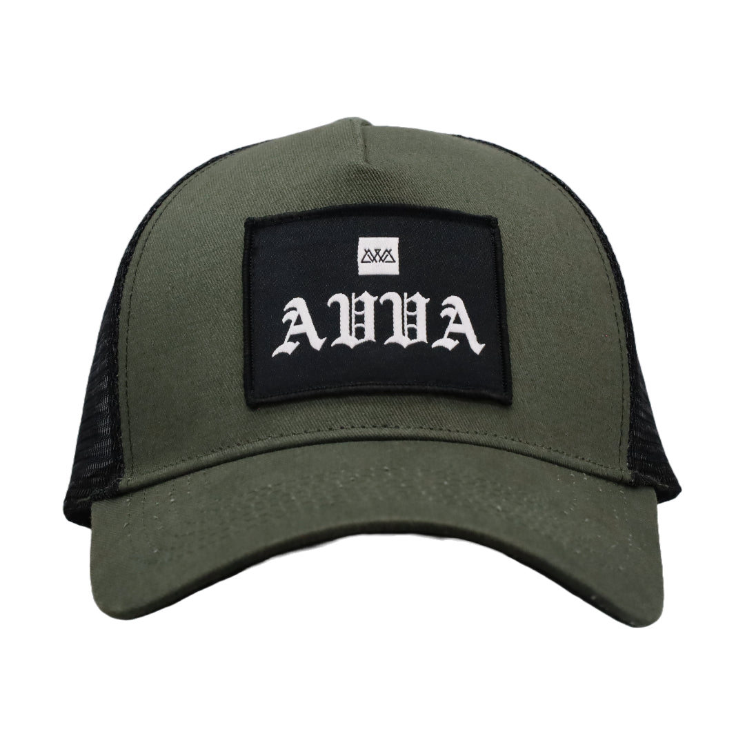 FRONT VIEW OF AVVA SANO HAT THAT IS ARMY GREEN WITH BLACK PATCH ON IT WITH AVVA LOGO