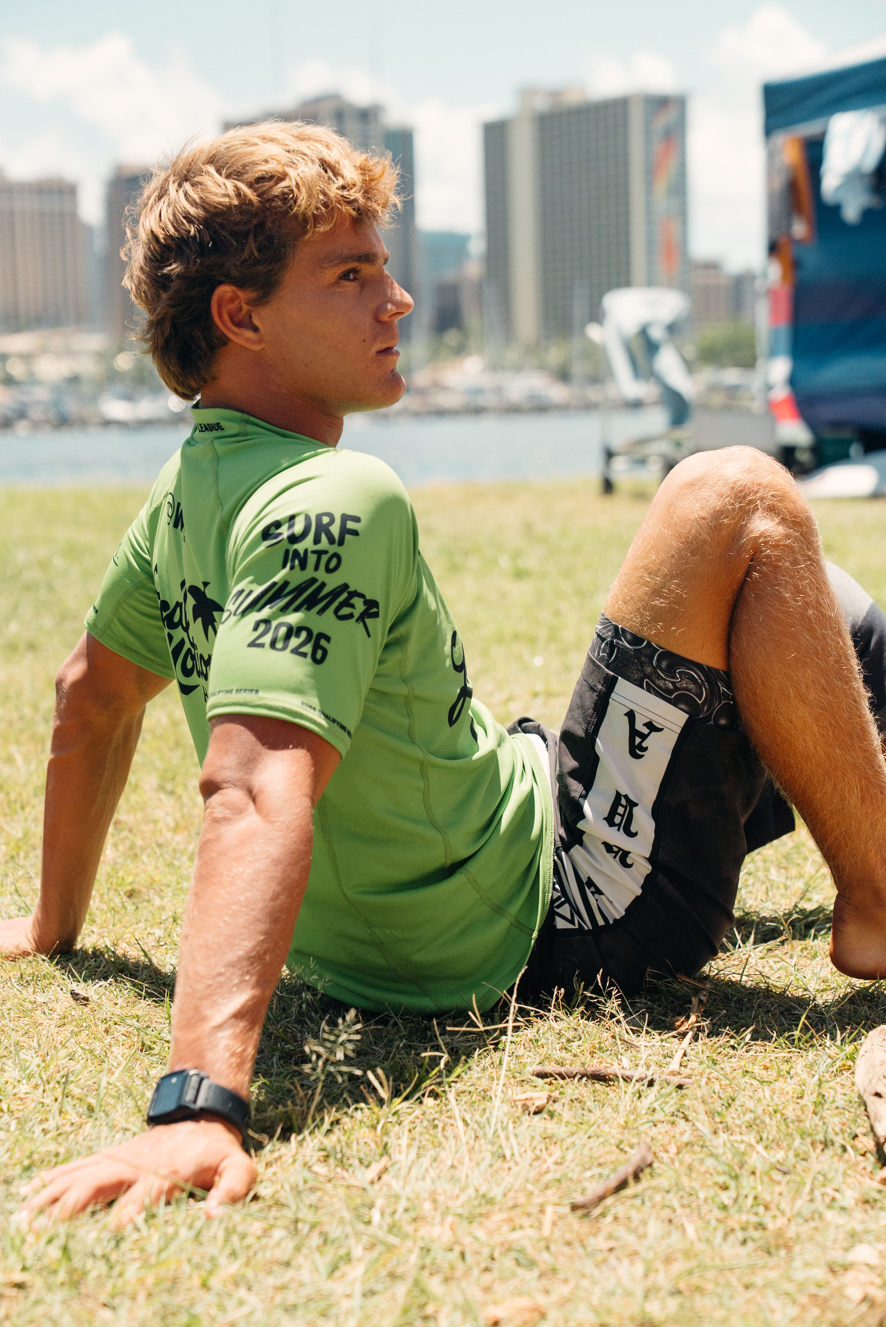 Ezra Clark between heats in the contest jersey