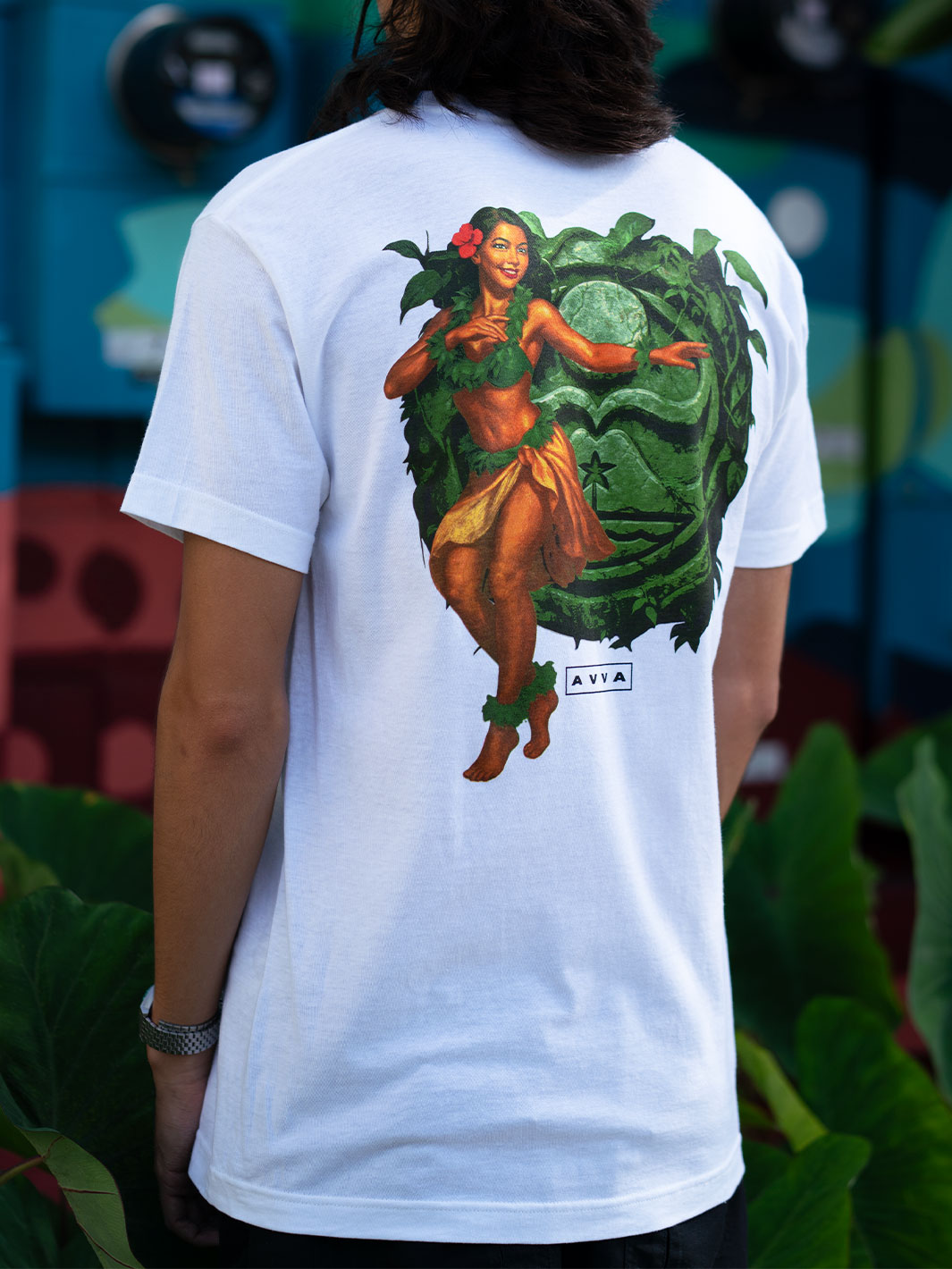 AVVA x HIC Auana tee back graphic, hula dancer and tiki artwork