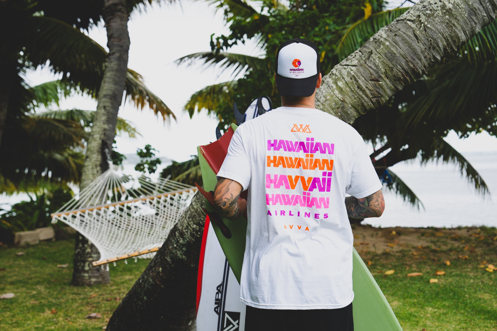 Hawaiian Airlines × AVVA white tee back graphic