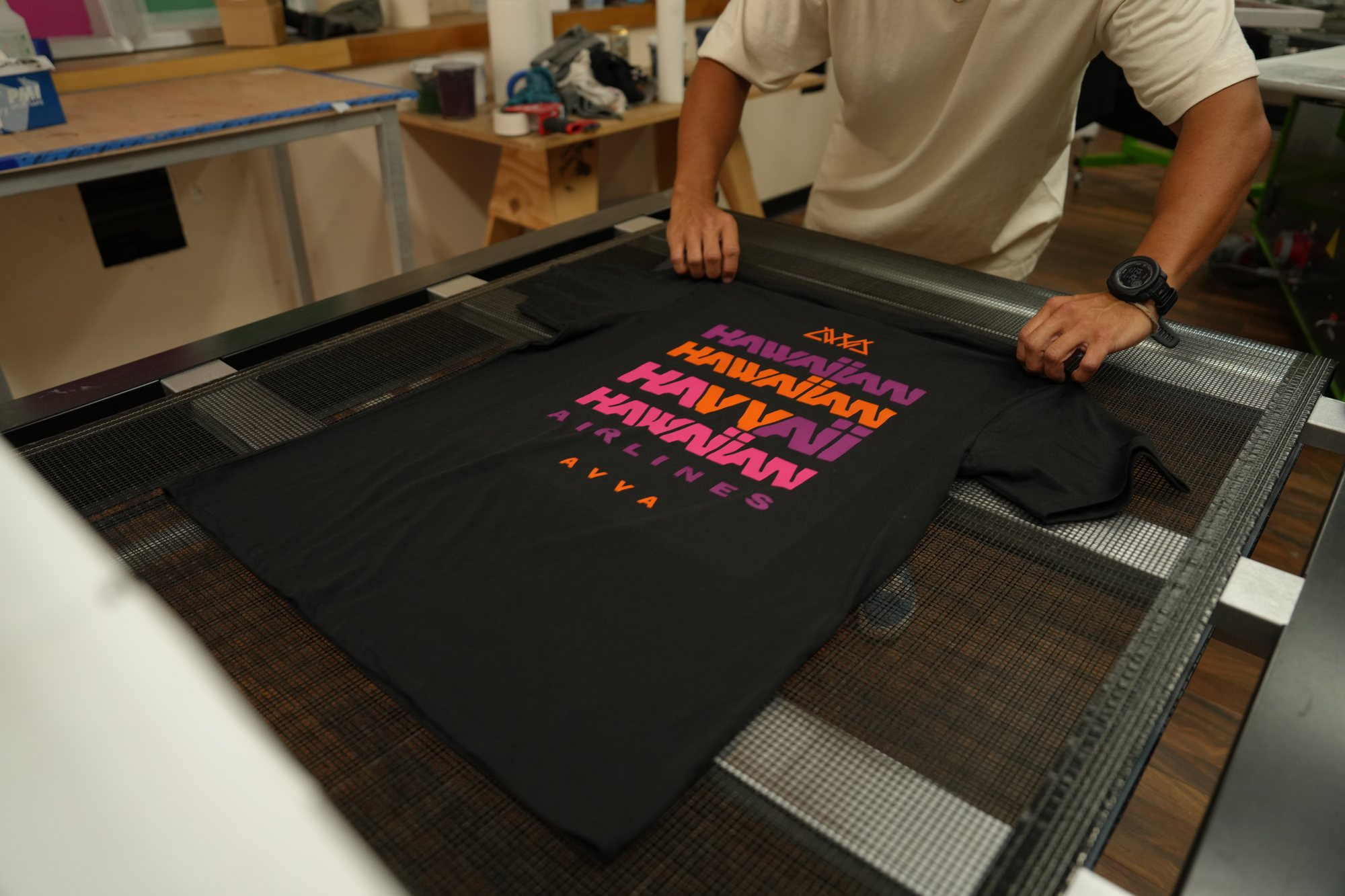 Printing the Hawaiian Airlines × AVVA graphic by hand
