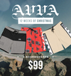 AVVA 12 Weeks of Christmas: 3 Boardshorts $99. 3 pairs of boardshorts over a background image of large rocks and the ocean.
