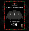 3 mystery hoodies on a Christmas themed background.