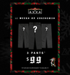 3 mystery pants on a Christmas themed background.