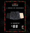 3 pairs of shorts on a Christmas themed background.