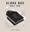 The AVVA Aloha Box for $99. 5 t-shirts and a hoodie on a camouflage box, the Hawaii island chain and a beige background.