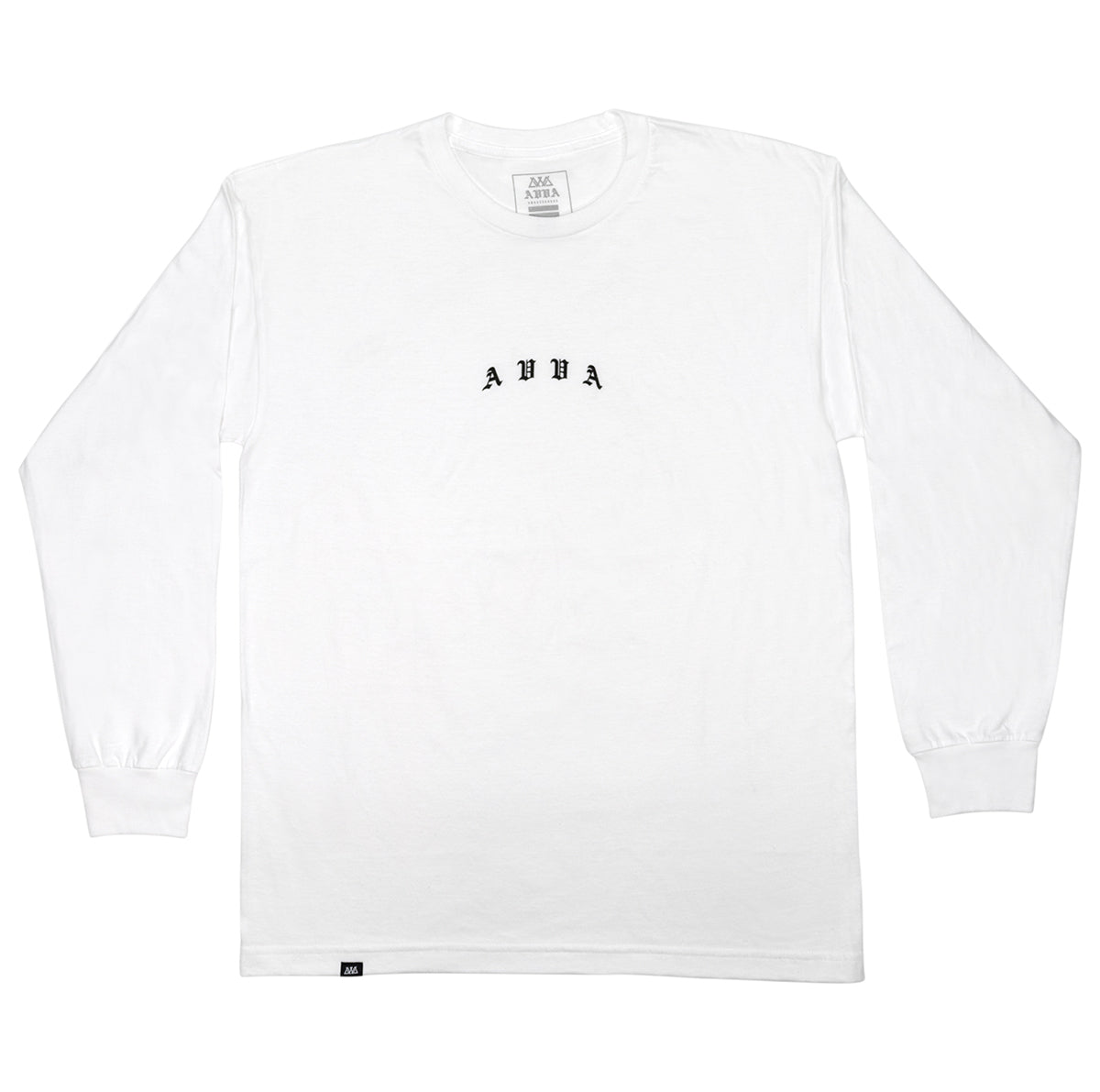 White long sleeve tee with black avva logo in the middle.