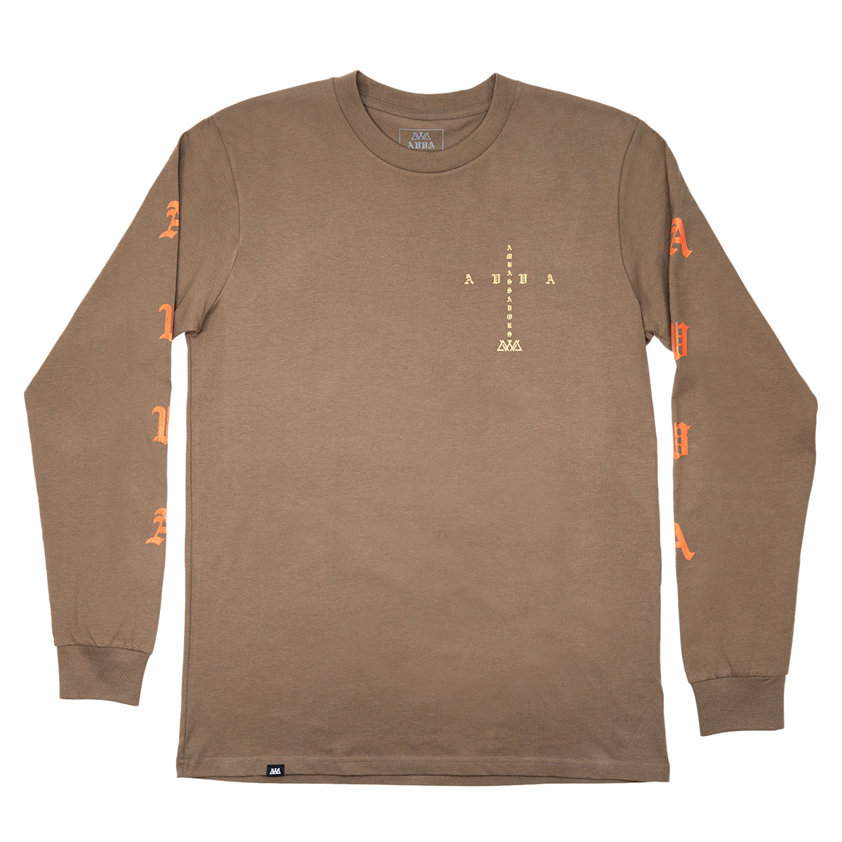 FRONT VIEW OF BROWN ONO LONGSLEEVE WITH A CROSS SHAPED AVVA ABASSADORS LOGO IN THE TOP RIGHT OF THE LONGSLEEVE. AVVA IN ORNGE GOING DOWN BOTH ARM SLEEVES.