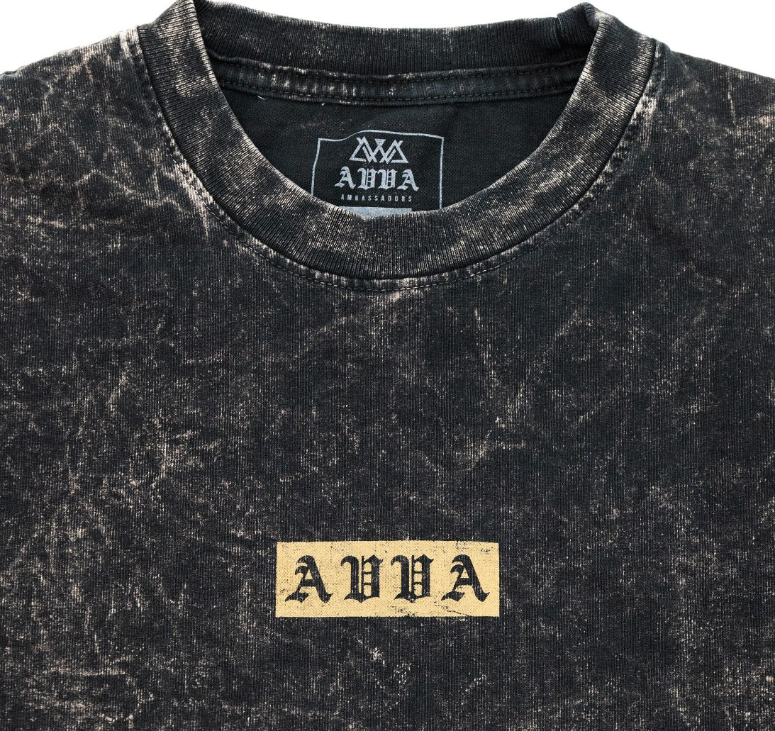 FRONT CLOSE UP VIEW OF ROCK WASH CITY ROCK TEE. HIGHLIGHTS AVVA LOGO IN TOP CENTER 