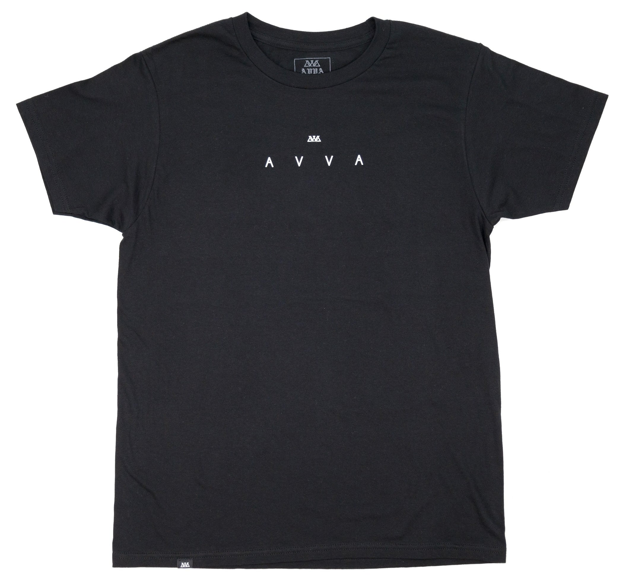FRONT VIEW OF ELEMENTS TEE. BLACK TEE WITH AVVA LOGO IN THE MIDDLE CHEST AREA.