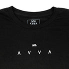FRONT CLOSE UP VIEW OF ELEMENTS TEE. SHOWS SIMPLE AVVA LOGO IN FRONT CENTER CHESTPEICE AREA OF TEE.