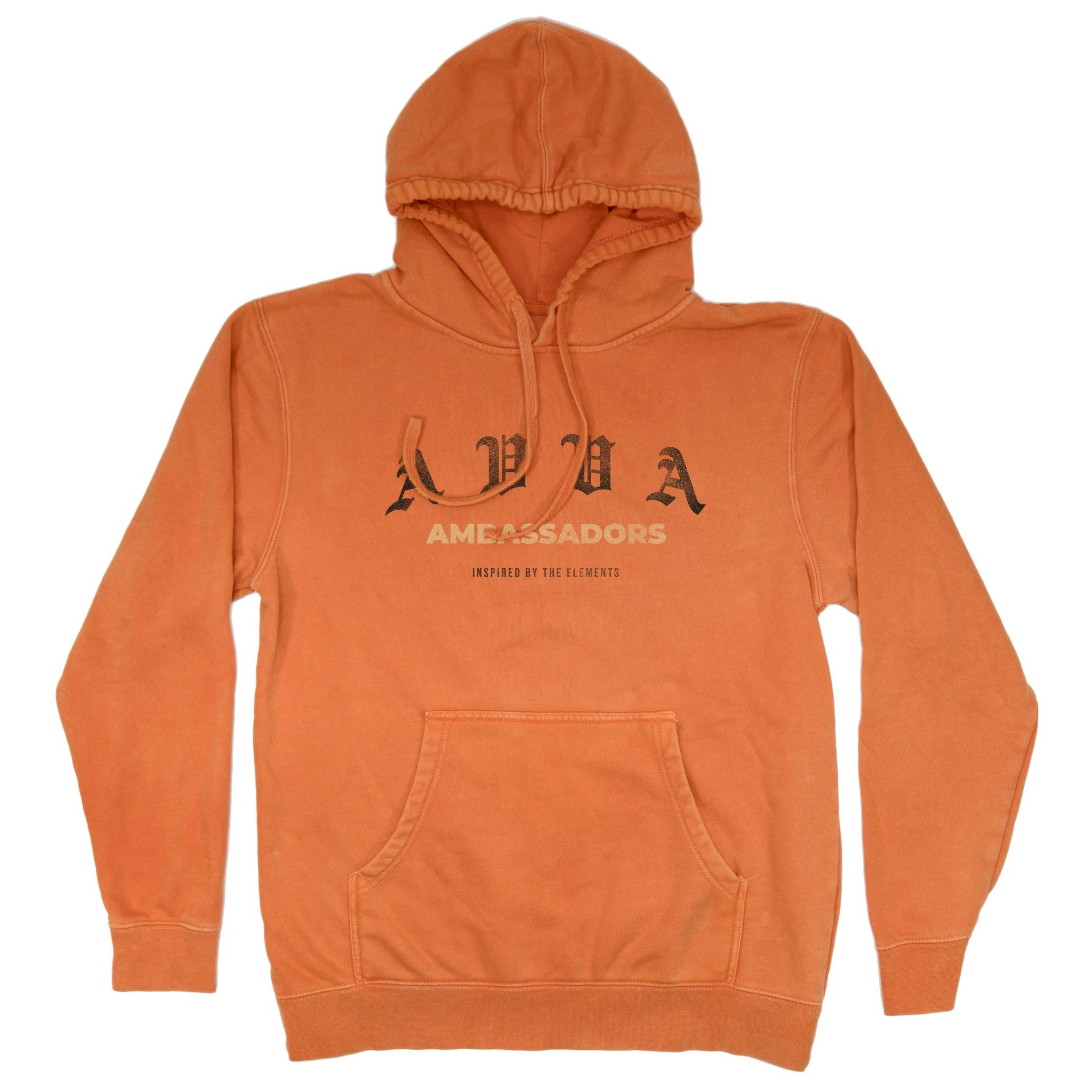 FRONT VIEW OF AVVA ORANGE LAVA FLEECE HOODIE WITH A AVVA AMBASSADORS INSPIRED BY THE ELEMENTS LOGO IN THE MIDDLE.