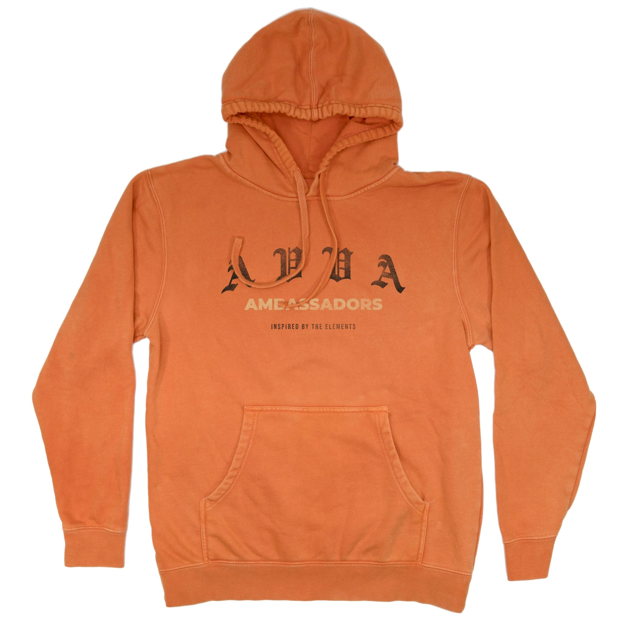 FRONT VIEW OF AVVA ORANGE LAVA FLEECE HOODIE WITH A AVVA AMBASSADORS INSPIRED BY THE ELEMENTS LOGO IN THE MIDDLE.