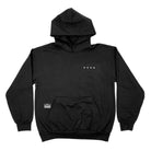 FRONT VIEW OF BLACK AVVA VELOCITY FLEECE HOODIE WITH A SMALL AVVA LOGO PRINTED IN RIGHT CORNER AND AVVA PATCH IN BOTTOM LEFT