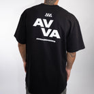 BACK VIEW OF PACIFIC DRIFT TEE. HAS BIG AVVA LOGO ON THE BACK WITH LARGE AVVA AND AMBASSADORS UNDERNEATH.