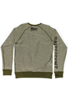 REVERSIBALE VIEW OF ALL NATIONS REVERSIBLE CREW SWEATSHIRT, BACK VIEW. PALE GREEN COLORING WITH MILITARY GREEN TRIM. SCREEN PRINT ON SLEEVE AND UPPER BACK PRINT.