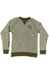REVERSIBALE VIEW OF ALL NATIONS REVERSIBLE CREW SWEATSHIRT, FRONT VIEW. PALE GREEN COLORING WITH MILITARY GREEN TRIM. SCREEN PRINT ON SLEEVE AND LOGO ON POCKET CHEST.