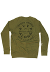 BACK VIEW OF ALL NATIONS REVERSIBLE CREW. MILITARY GREEN SWEATSHIRT. LARGE SCREEN PRINT ON BACK WITH PRINT ON SLEEVE.