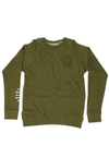 ALL NATIONS REVERSIBLE CREW FRONT VIEW. MILITARY GREEN WITH SCREEN PRINTING ON FRONT CHEST AND ON SLEEVE.
