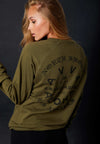 FEMALE MODEL WEARING ALL NATIONS REVERSIBLE CREW ON MODEL. BACK VIEW, MILITARY GREEN.
