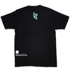 BACK PRODUCT IMAGE OF INDO PACIFIC BLACK TEE. MINT STACKED AVVA LOGO ON CENTER BACK. SMALL PRINT ON BOTTOM HIP