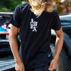FRONT VIEW OF MODEL WEARING INDO PACIFIC BLACK TEE