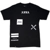 FRONT PRODUCT IMAGE OF NIHOA BLACK TEE. WHITE SCREENPRINTS ALL OVER FRONT, AVVA LOGO AT TOP, AVVA BLOCK, WHITE STRIPES AND INSPIRED BY THE ELEMENTS AT BOTTOM HIP, AND AMBASSADORS WITH ALOHA CRIS CROSSED AT OPOSITE HIP