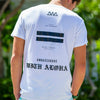 DETAILED BACK PHOTO OF MODEL WEARING TIDE CHART WHTIE TEE. BLACK LARGE GRAPHICON BACK