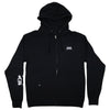 FRONT PRODUCT IMAGE OF MAKAI ZIP UP BLACK HOODIE. SMALL AVVA LOGO SCREEN PRINT ON FRONT CHEST AND LOGO PRINT ON SLEEVE.