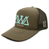 QUARTER VIEW OF PRODUCT IMAGE OF KAVA OLIVE HAT. FRONT LOGO SCREENPRINT AND SIDE LOGO EMBROIDERY. 