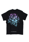 BACK VIEW OF AVVA SKULL BLACK TEE. SKULL AND FLORAL DESIGN IN PURPLE AND BLUE OMBRE COLORING.
