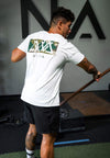 MODEL WORKING OUT IN GYM WEARING BE THE AMBASSADOR WHITE TEE.
