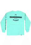 BACK VIEW OF BEACH STREETS MINT LONG SLEEVE TEE. SCREEN PRINT ON BACK AND BOTH SLEEVES.