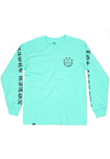 FRONT VIEW OF BEACH STREETS MINT LONG SLEEVE TEE. SCREEN PRINT ON FRONT CHEST POCKET AND BOTH SLEEVES.