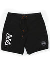 FRONT VIEW OF BLACK SAND BOARDSHORTS. INVISIBLE ZIPPER ON ONE SIDE, STANDARD WAISTBAND WITH DRAWSTRINGS. AVVA LOGO SCREEN PRINT AND LOGO PATCH ON OTHER LEG.