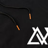 EXTREME CLOSE UP OF BLACK SAND BOARDSHORT PARTIAL FRONT SCREEN PRINT AVVA LOGO AND HIGHLIGHTING ORANGE END CAPS OF WAITBAND TIES