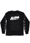 BACK VIEW OF BOLT BLACK LONG SLEEVE. LARGE SCREEN PRINT REPEAT ALOHA OUTLINE PRINT. ONE HOLOGRAPHIC ALOHA. SCREEN PRINT DETAILS ON BOTH SLEEVES.