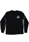 FRONT VIEW OF BOLT BLACK LONG SLEEVE. HOLOGRAPHICS SCREEN PRINT DETAIL ON FRONT POCKET CHEST. SCREEN PRINT ON BOTH SLEEVES.