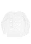 BACK VIEW OF CHAZ MOSAIC WHITE LONG SLEEVE TEE. LARGE SCREEN PRINT DETAIL. WHITE ON WHITE PRINT DETAIL.