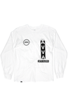 FRONT VIEW CHAZ MOSAIC WHITE LONG SLEEVE TEE. SCREEN PRINT DETAIL ON FRONT. AVVA LOGO DETAIL.