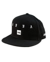 FRONT VIEW OF CONCRETE WATER BLACK HAT. EMBROIDERY AVVA LOGO DETAIL ON FRONT AND SIDE