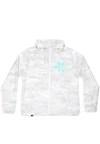 FRONT VIEW OF CROSS ROADS WINDBREAKER. WHITE CAMO COLORING. FRONT CHEST AVVA LOGO PRINT DETAIL.