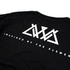 CLOSE UP OF BACK DA BOMB BLACK TEE PRINT DETAIL. AVVA LOGO INSPIED BY THE ELEMENTS.