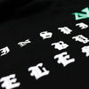 EXTREME CLOSE UP OF SCREEN PRINT DETAILS OF FIN BOX BLACK TEE